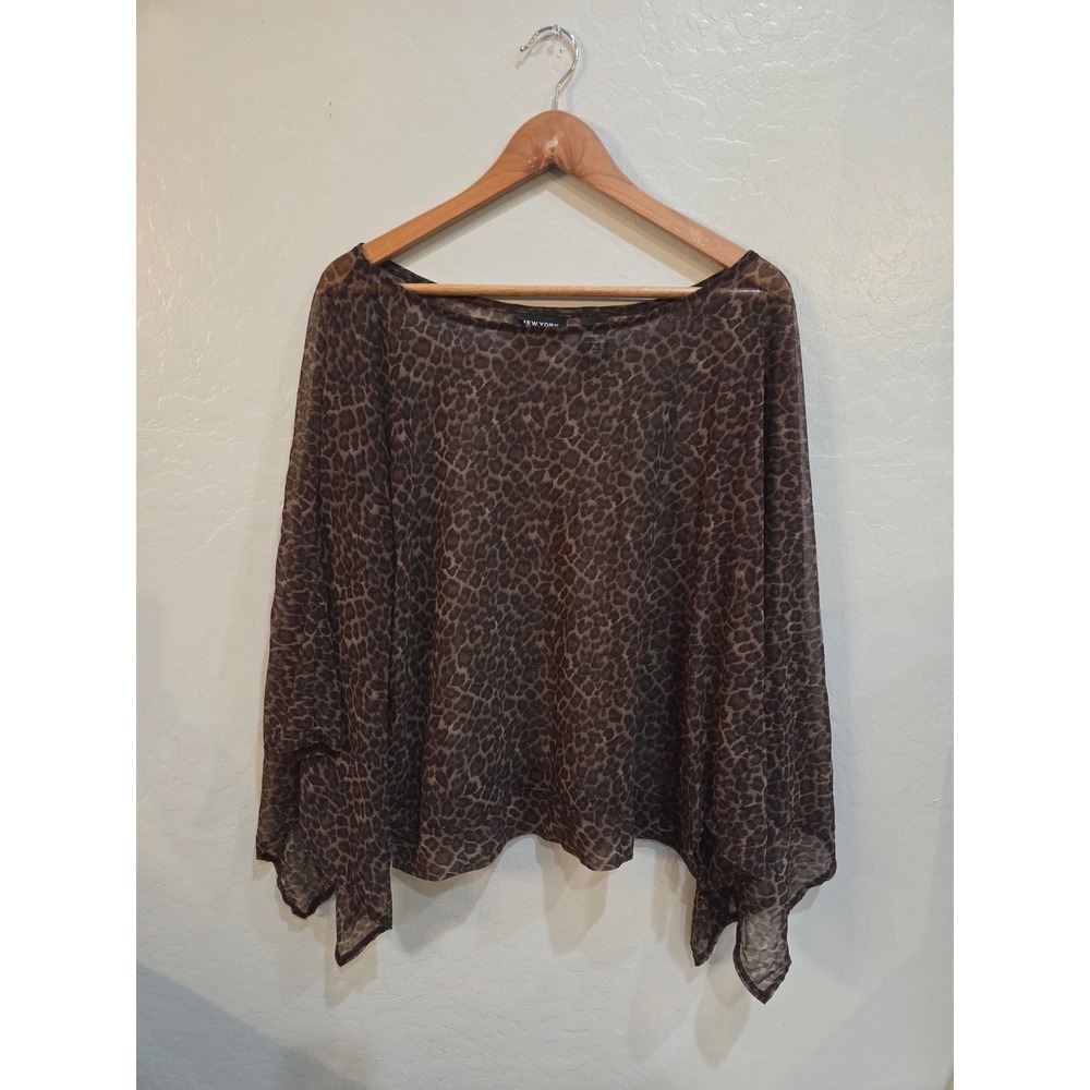 New York & Company Leopard Print Sheer Mesh Ponho Top Brown XL Animal  Blouse